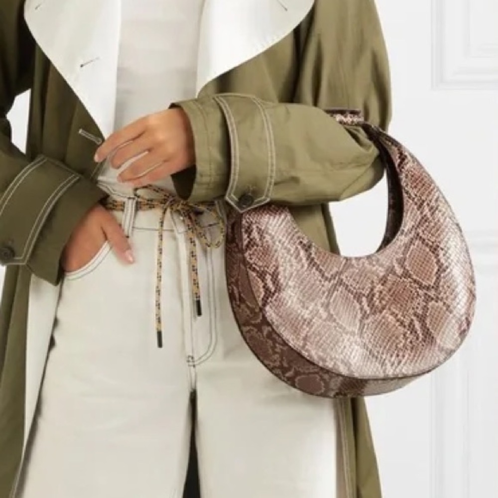 STAUD Brown Snake-Print Crescent Hobo